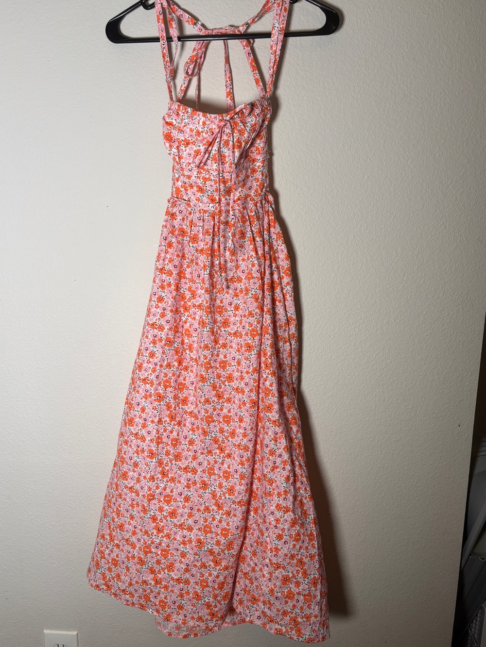 Emory Park Small Pink Orange Floral Open Back Tie Strap Smocked Maxi Dress